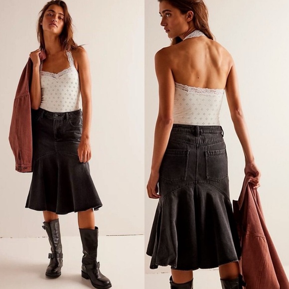 Free People Dresses & Skirts - WE THE FREE Fishtail Mermaid Black Denim Midi Skirt NEW 25